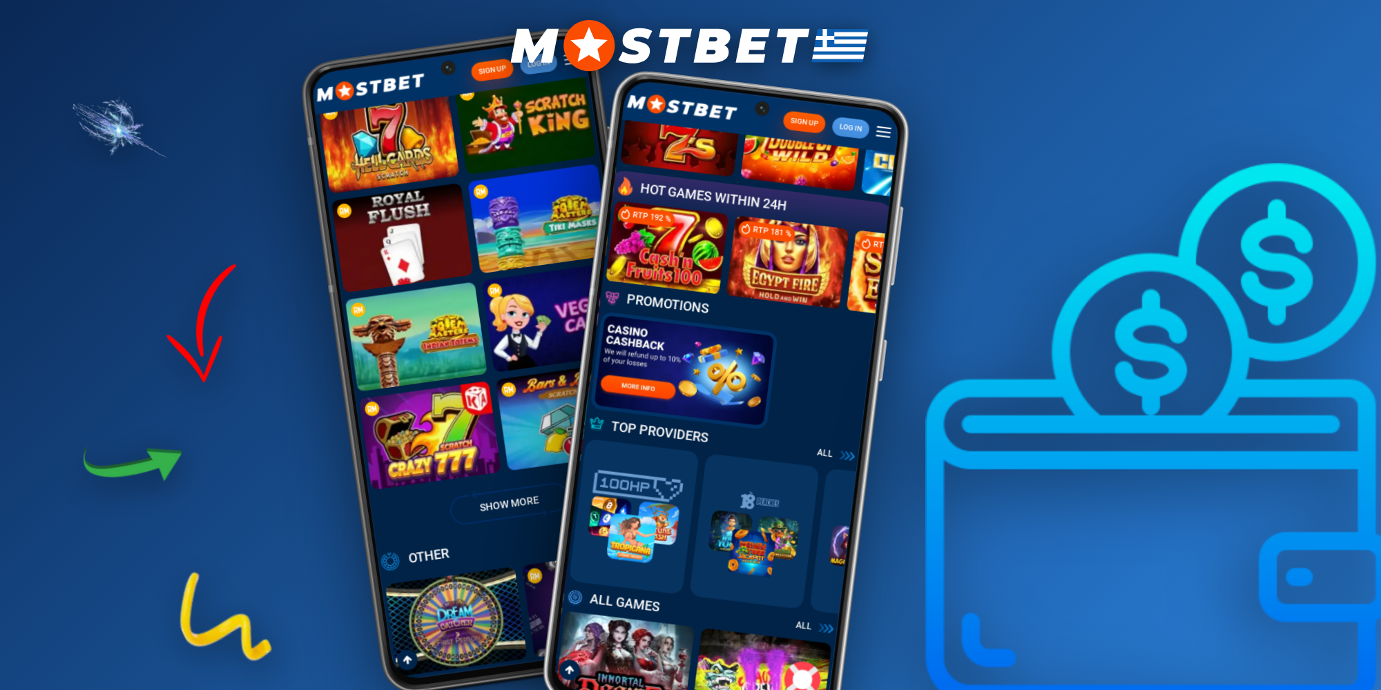 Επισκόπηση του lobby του Mostbet Casino με slots και live τραπέζια